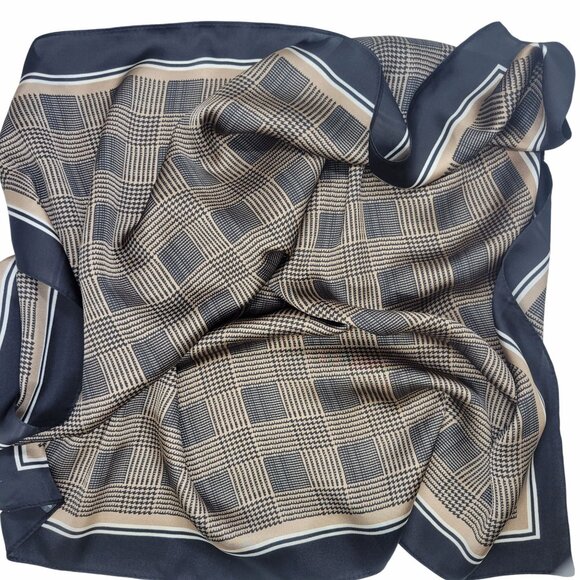 ❤️Elegant Bandana Square Scarf Silky Satin Soft BLACK Beige Hounds Tooth hijab❤️ - Picture 4 of 5